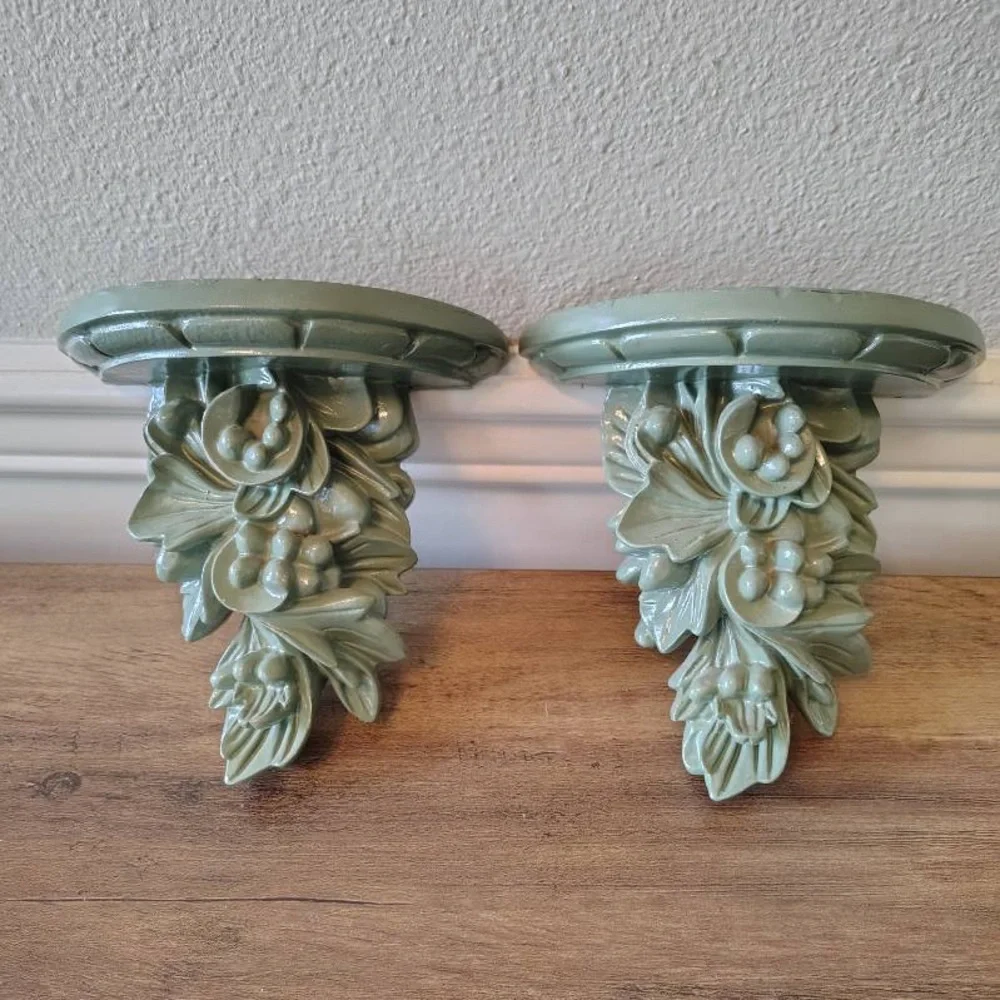 2 Resin Floral Botanical Sconce Shelves Wall Decor Ornate Shelf Pair Green